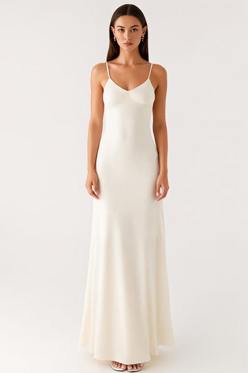 Robe formelle dos nu à bretelles spaghetti ivoire fourreau